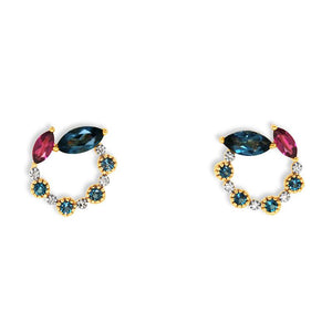 9CT YELLOW GOLD LONDON BLUE TOPAZ, RHODOLITE GARNET & DIAMOND EARRINGS 9CT YELLOW GOLD LONDON BLUE TOPAZ, RHODOLITE GARNET & DIAMOND EARRINGS
