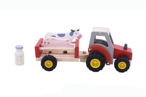 WOODEN TRACTOR WITH FARM ANIMAL RED WOODEN TRACTOR WITH FARM ANIMAL RED