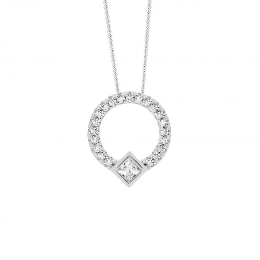SS CZ CIRCLE PENDANT WITH PRINCESS CUT BEZEL