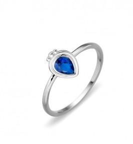 SS RING WITH BLUE CZ AND BALL DETAIL