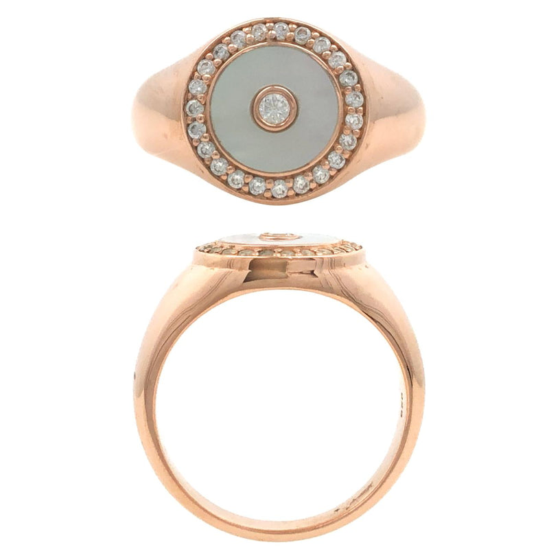 STERLING SILVER ROSE GOLD PLATED MOTHER OR PEARL AND CUBIC ZIRCONIA RIING