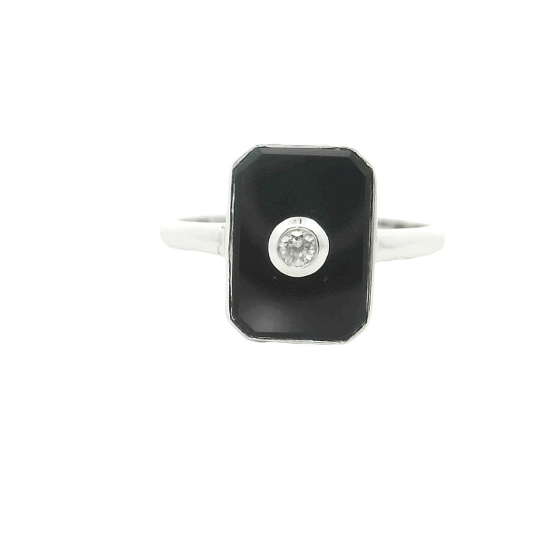 9CT WHITE GOLD ONYX & DIAMOND RING