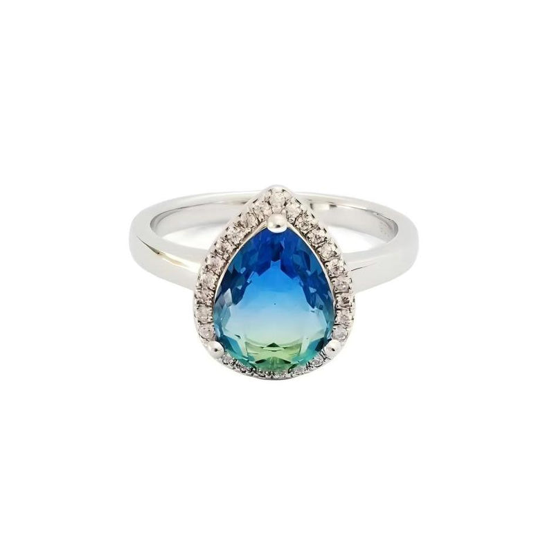 STERLING SILVER RING WITH BLUE GREEN PEAR CUBIC ZIRCONIA