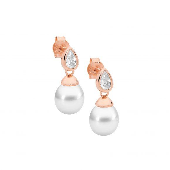 STERLING SILVER ROSE GOLD PLATED FRESHWATER PEARL EARRINGS