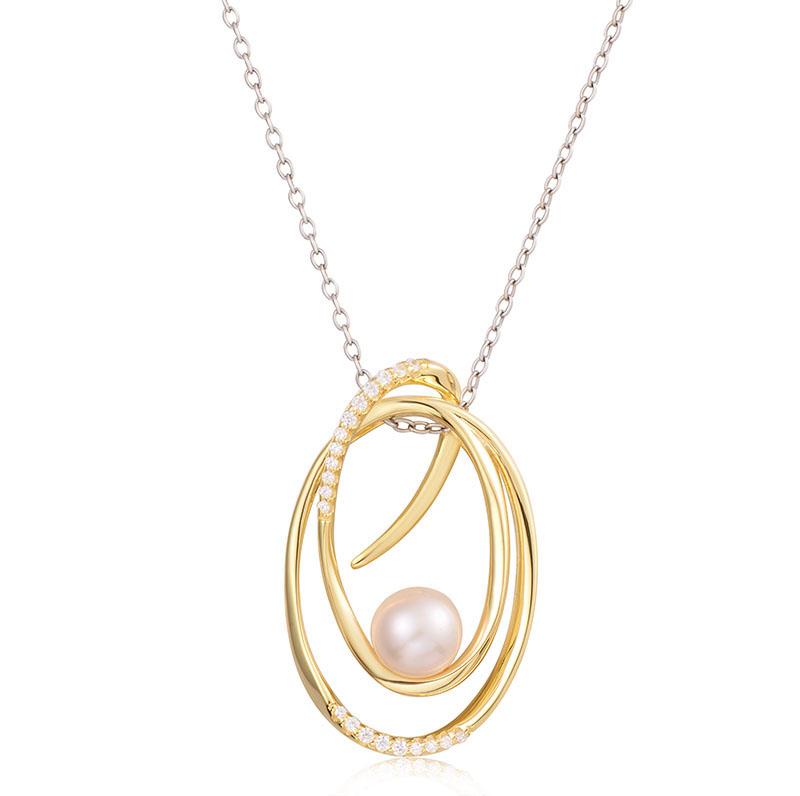STERLING SILVER GOLD PLATED PEARL SET DOUBLE HOOP PENDANT WITH NECKLACE