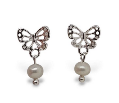 STERLING SILVER BUTTERLY EARRINGS WITH DROP PEARL