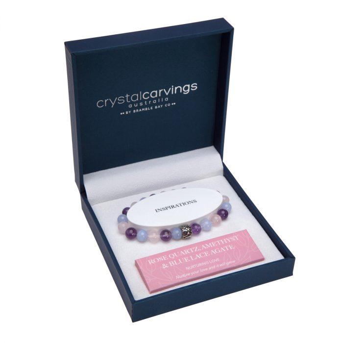 BLUE LACE, ROSE QUARTZ, AMETHYST BEAD BRACELET