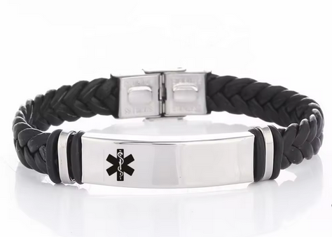 MEDIC ALERT BLK LEATHER BRACELET