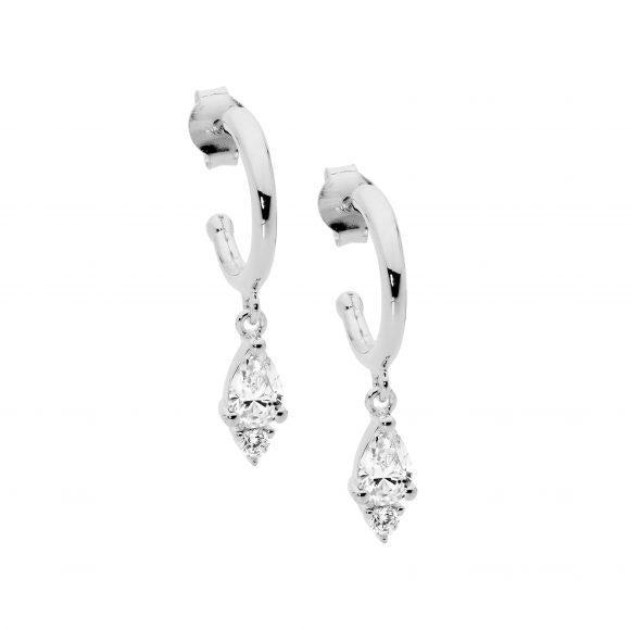 STERLING SILVER HOOP EARRINGS WITH CUBIC ZIRCONIA DROP
