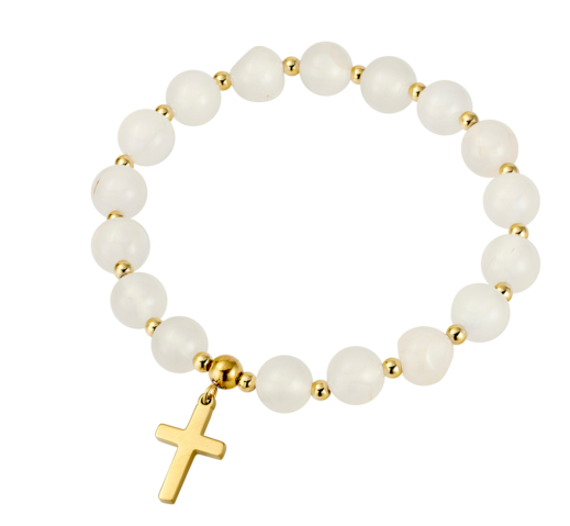 STAINLESS STEEL WHITE AGATE BEAD BRACELET WITH CROSS