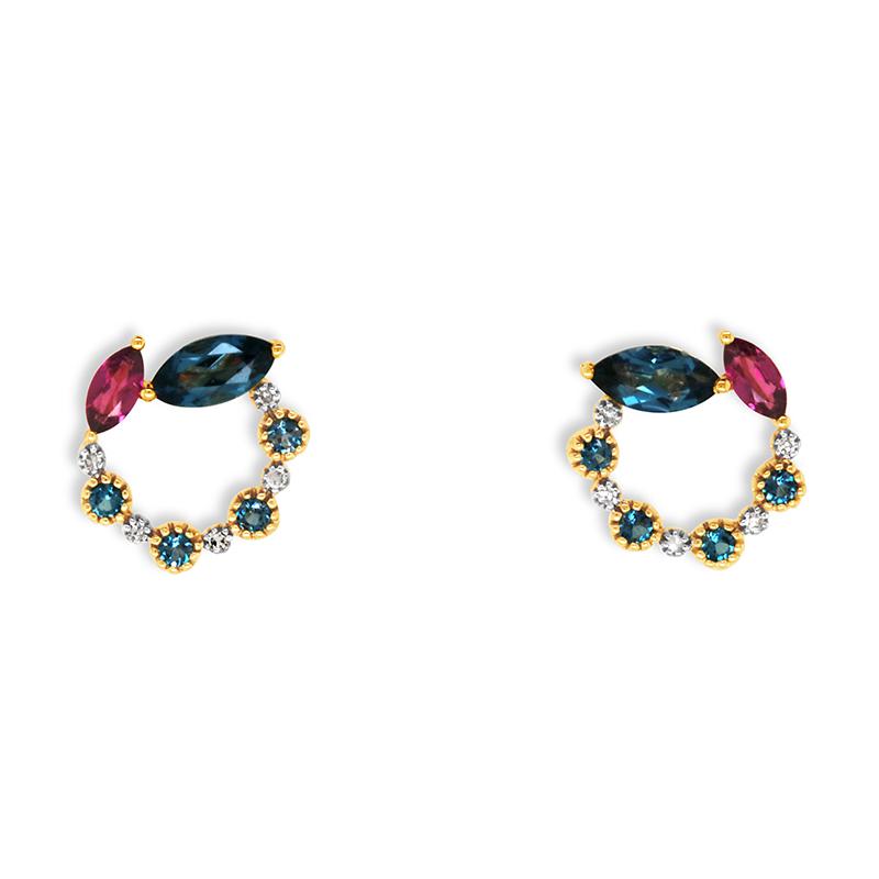 9CT YELLOW GOLD LONDON BLUE TOPAZ, RHODOLITE GARNET & DIAMOND EARRINGS