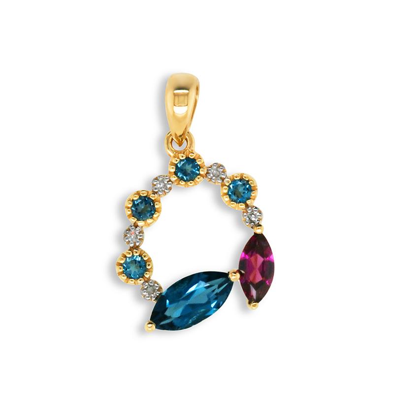 9CT YELLOW GOLD LONDON BLUE TOPAZ, RHODOLITE GARNET & DIAMOND PENDANT