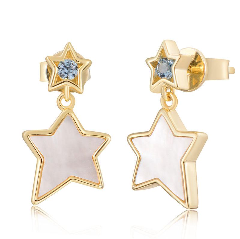 STERLING SILVER GOLD PLATED MOTHER OF PEARL STAR DROP EARRINGS