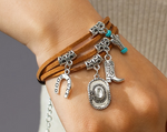 BROWN CORD SILVER PLATED CHARM BRACELET