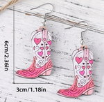 STAINLESS STEEL & WOOD PINK COWGIRL BOOT EARRINGS
