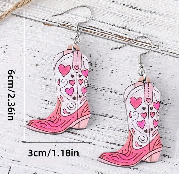 STAINLESS STEEL & WOOD PINK COWGIRL BOOT EARRINGS