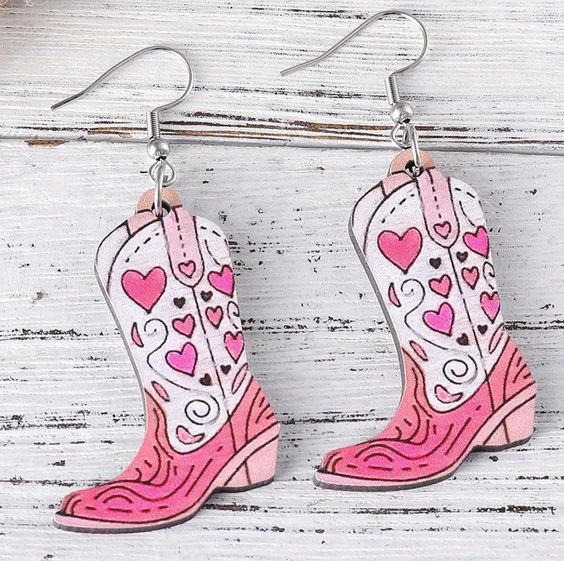 STAINLESS STEEL & WOOD PINK COWGIRL BOOT EARRINGS