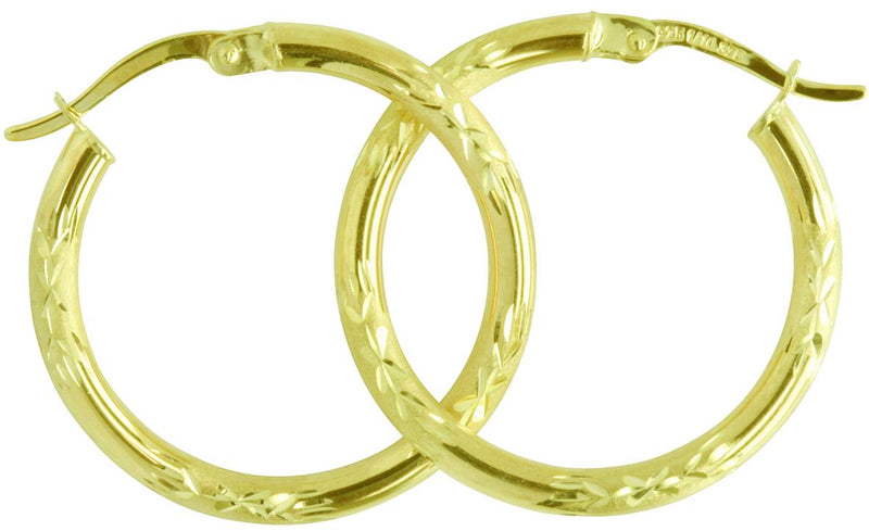 9CT YELLOW GOLD & SILVER BONDED ENGRAVED  HOOP EARRINGS