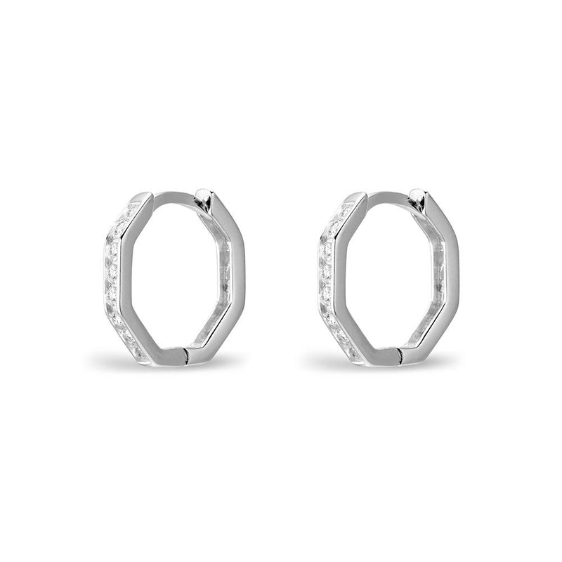 STERLING SILVER CUBIC ZIRCONIA SET OCTAGON HUGGIE