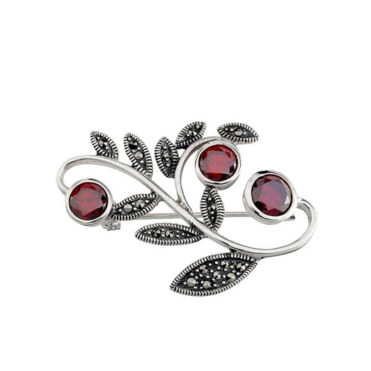 STERLING SILVER MARCASITE & GARNET BROOCH