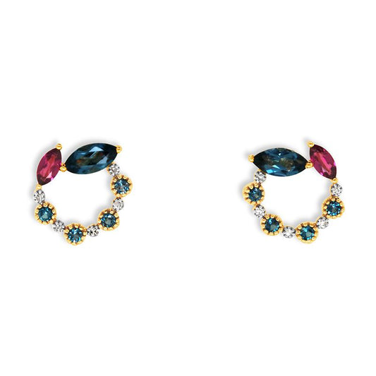 9CT YELLOW GOLD LONDON BLUE TOPAZ, RHODOLITE GARNET & DIAMOND EARRINGS