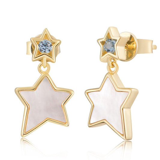 STERLING SILVER GOLD PLATED MOTHER OF PEARL STAR DROP EARRINGS