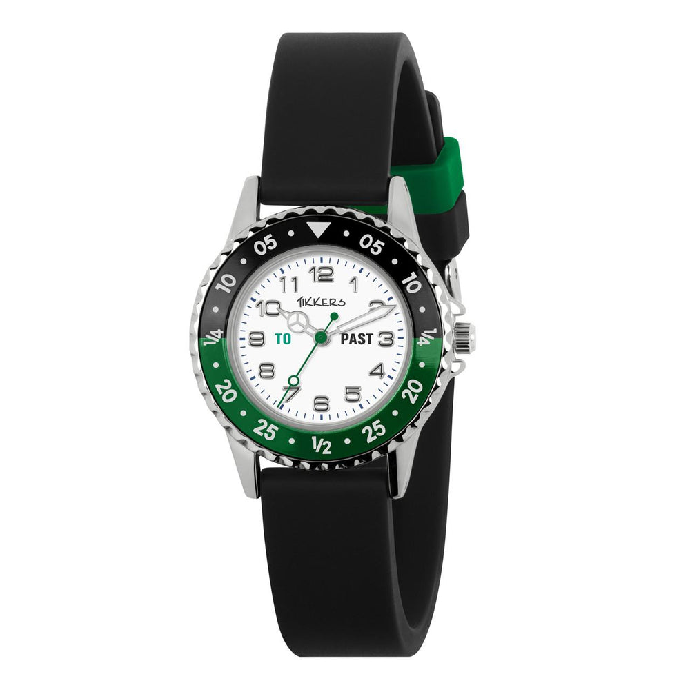 TIKKERS BLACK/GREEN DIAL BLACK SILICONE STRAP