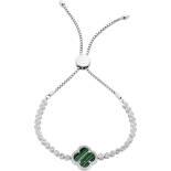 Sterling Silver Created Malachite & Cubic Zirconia Friendship Bracelet
