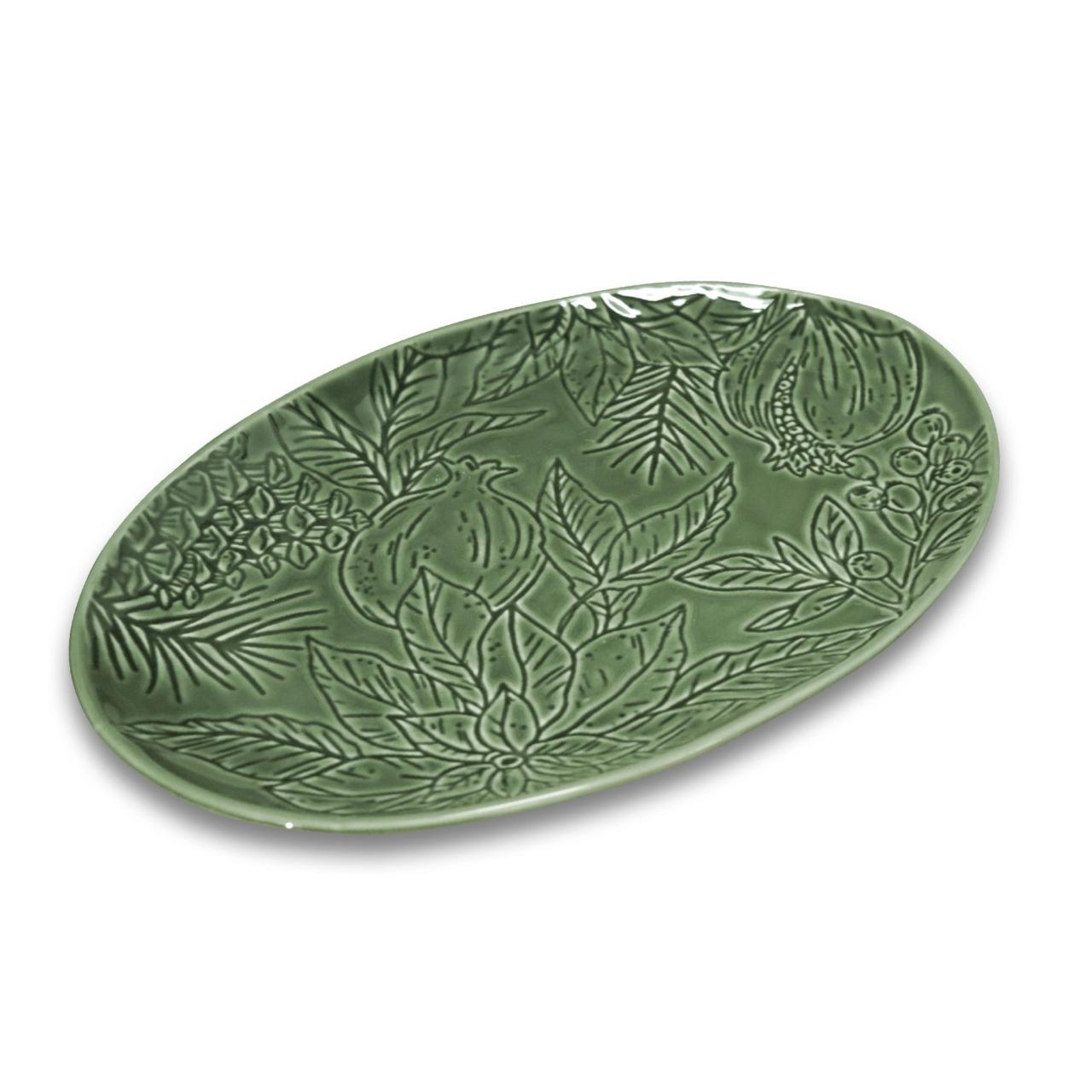 POINSETTIA GREEN ENGRAVED PLATTER 36X24X25CM