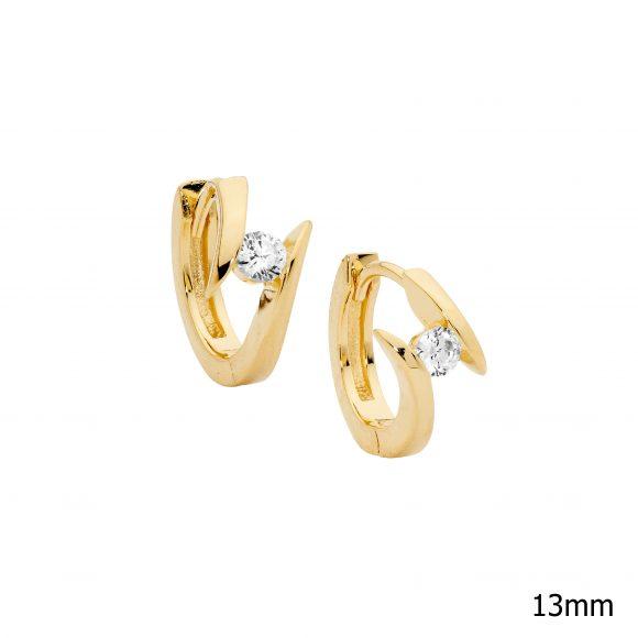 Sterling silver 13mm huggie earrings with cubic zirconia and gold plating.