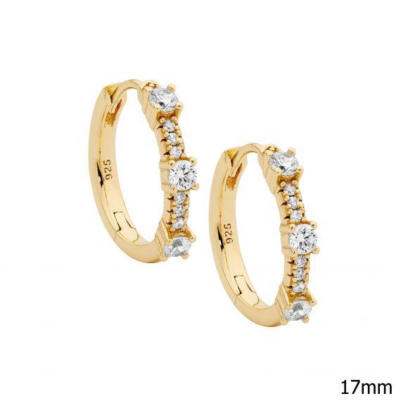 17mm hoop earrings set with cubic zirconias.Sterling silver gold plated.