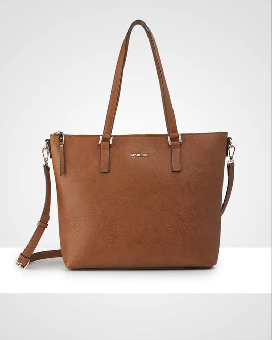 INGA LARGE ZIP TOP TOTE BAG WITH LAPTOP POCKET DARK TAN