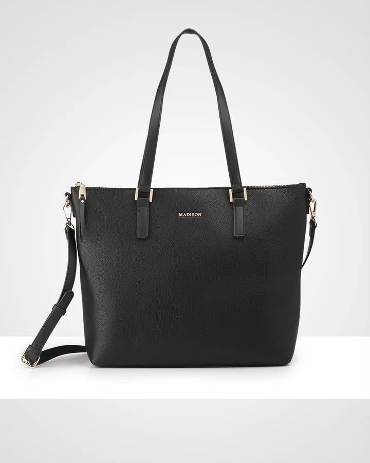 INGA LARGE ZIP TOP TOTE BAG WITH LAPTOP POCKET BLACK