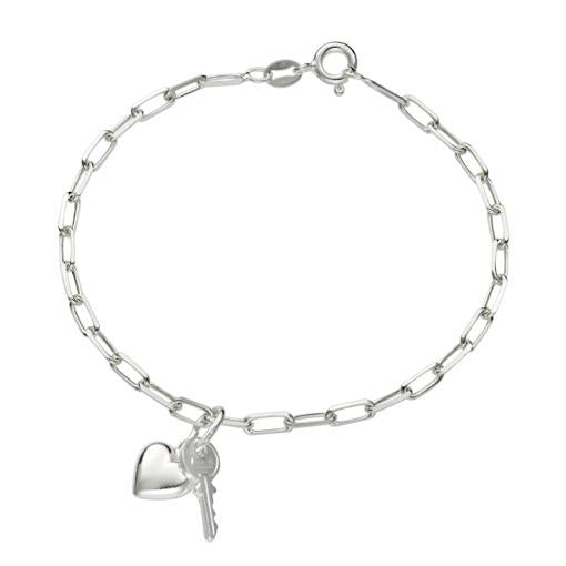 SS PAPERCLIP BRACELET WITH KEY AND HEART