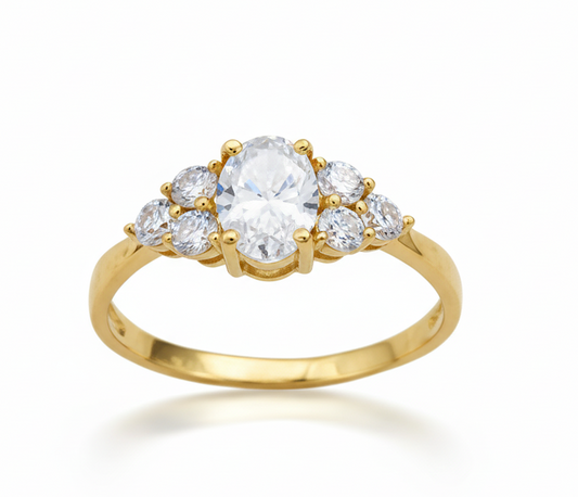 9CT YG OVAL AND ROUND CLUSTER LGD RING
