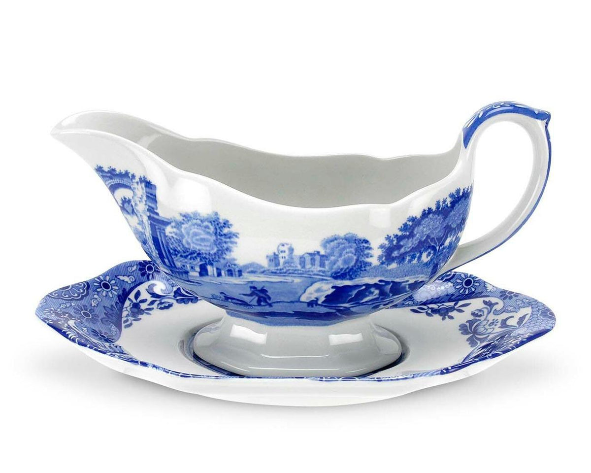 SPODE BLUE ITALIAN SAUCE BOAT AND STAND