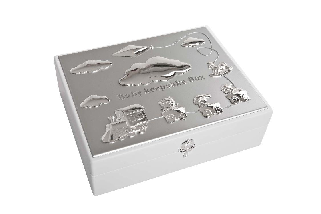 White keepsake box with silver plate