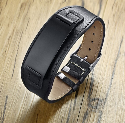 BLK LEATHER MENS ID BRACELET