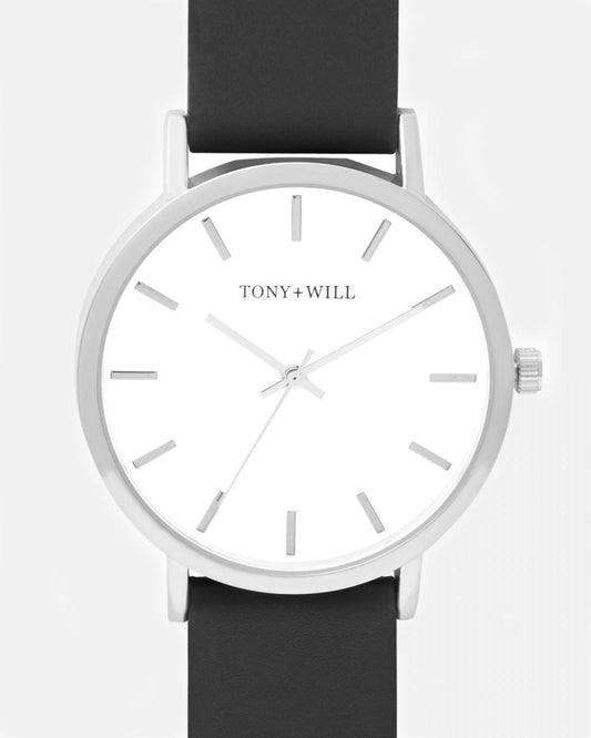 TONY & WILL SILVER WITH BLK LEATHER BAND