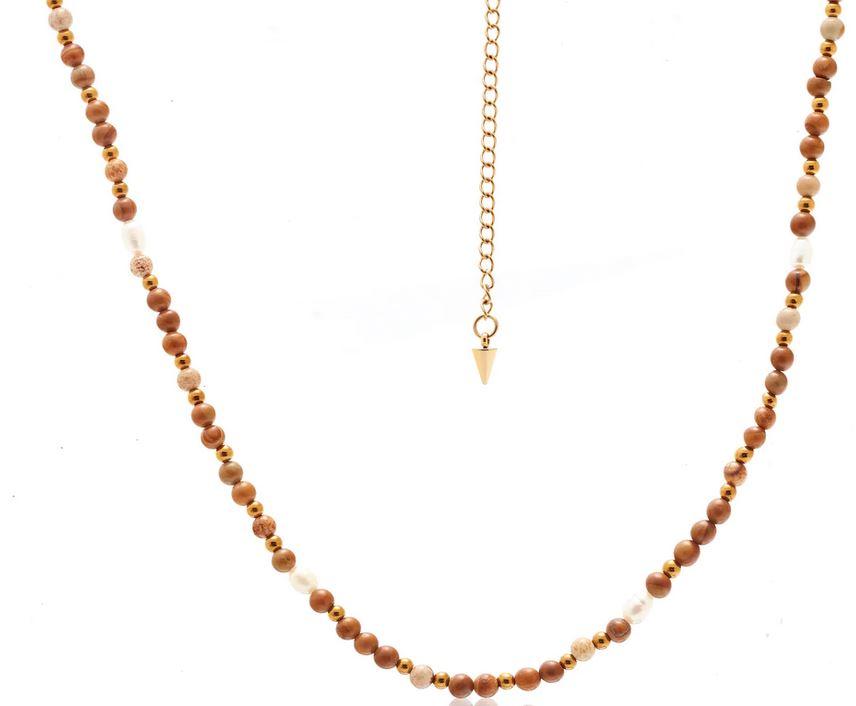 WOODGRAIN BEAD AND PEARL NECKLACE