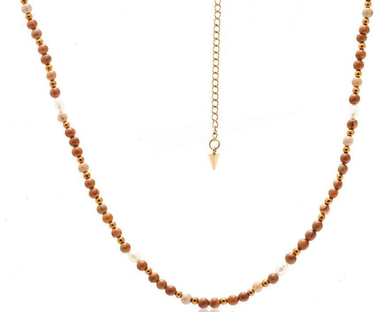 WOODGRAIN BEAD AND PEARL NECKLACE