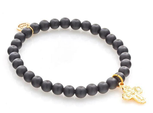 BLACK ONYX BEAD BRACELET GOLD